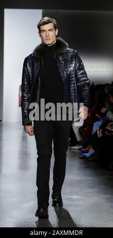 New York, NY, USA - February 9, 2020: A model walks runway for Dennis Basso Fall/Winter 2020 Collection during New York Fashion Week at Spring Studios Stock Photo