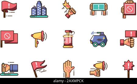 cartoon icon set of protest concept over white background, colorful fill style, vector illustration design Stock Vector