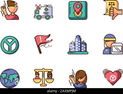 cartoon police and protest icons set over white background, colorful fill style, vector illustration design Stock Vector