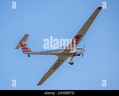 Aerial shots, airfield Hamm-Lippe meadows, start of a touring motor glider, Dimona H36, motor glider, touring motor glider, sports plane, small airpla Stock Photo