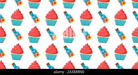Seamless baby pattern. cupcake cakes and potion bottles. Drink Me. Alice in the Wonderland. Stock Vector