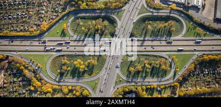 Aerial shots, interchange to Duissern, interchange Duisburg middle, highway A40, highway A59, Duissern, allotments in the highway, cloverleaf, Duisbur Stock Photo