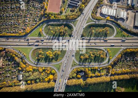 Aerial shots, interchange Duissern, interchange Duisburg middle, highway A40, highway A59, Duissern, allotments in the highway, cloverleaf, Duisburg, Stock Photo