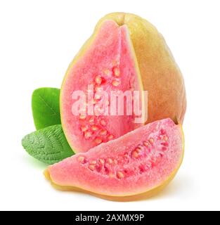 Isolated guava fruit. One yellow pink fleshed guava with cutout piece isolated on white background with clipping path Stock Photo