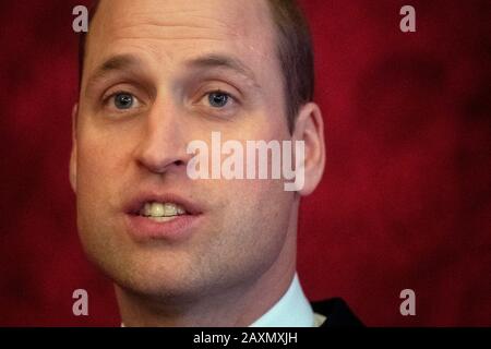 The Duke of Cambridge makes a speech during a Metropolitan and City Police Orphans Fund reception at St James's Palace, London, to mark the 150th anniversary of the Fund. PA Photo. Picture date: Wednesday February 12, 2020. See PA story ROYAL William. Photo credit should read: Victoria Jones/PA Wire Stock Photo