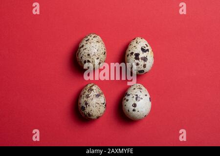 four raw quail eggs on red paper, top view and copy space food Stock Photo