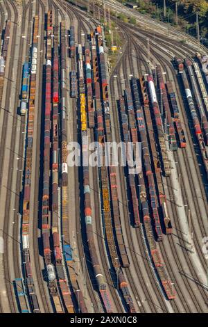 Aerial picture, marshalling yard Hagen vestibule, train carriage, cargo trains, Hagen, Ruhr area, North Rhine-Westphalia, Germany, Europe Stock Photo