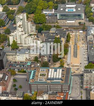 between Hans Sachs house and music theatre MiR, new bus terminal, Ebertstrasse, city hall Gelsenkirchen, tower block white giant, aerial picture, Gels