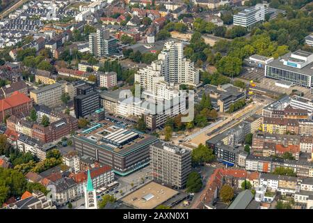 between Hans Sachs house and music theatre MiR, new bus terminal, Ebertstrasse, city hall Gelsenkirchen, tower block white reams, aerial picture, Gels