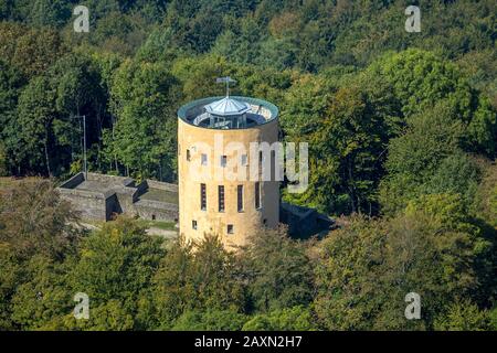Aerial shots, aerial picture, tower of the ruin Ginsburg or Ginsberg Hilchenbach, ground, Hilchenbach, Ginsberg, Rothaar mountain, Siegerland, North R Stock Photo