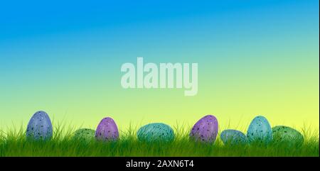 Many colorful painted easter eggs on grass Stock Photo