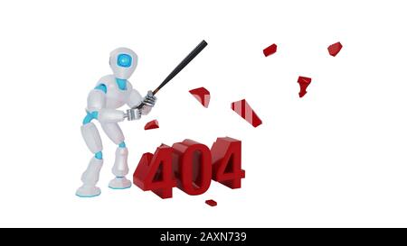 Robot is smashing 404 error message with a baseball bat. Stock Photo