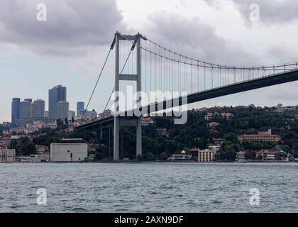 June 19, 2019 - Istanbul, Turkey - View of the 15 July Martyrs Bridge crossing the Bosphorus Strait Stock Photo