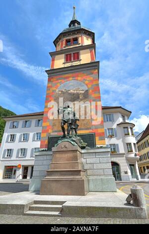 Wilhelm Tell monument on the city hall square, Altdorf, canton Uri, Switzerland Stock Photo