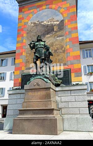 Wilhelm Tell monument on the city hall square, Altdorf, canton Uri, Switzerland Stock Photo