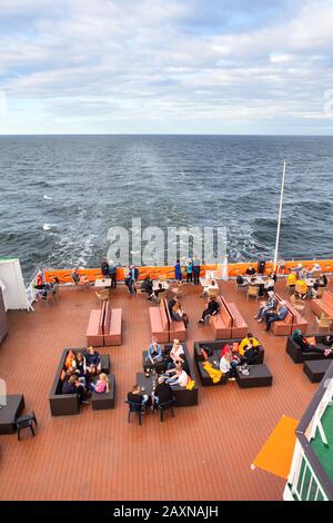 BALTIC SEA, SWEDEN - CIRCA JUN, 2018: Snack and drink bar for passengers is on stern of cruise ferry. It is cruise liner of Viking line Finnish shippi Stock Photo