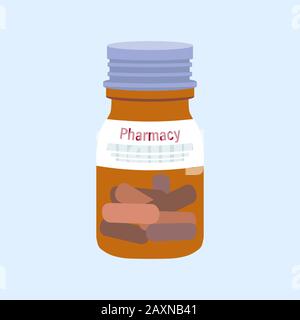 Glass jar with capsules,tablets nin flat style isolated on blue background.Storage tank.Vector illustration.Sign silhouette.Medical natural remedy.Sim Stock Vector
