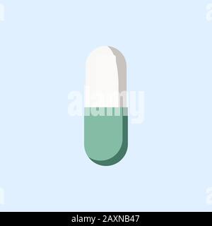 Pill simple. Sign one medicine capsule tablet in flat style isolated on blue background.Vector illustration. Traditional natural preparations. Counter Stock Vector