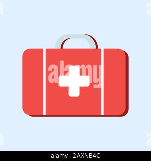 First aid kit bag of the attending physician in flat style isolated on blue background. Vector stock illustration. Ambulance. Red bag with a white cro Stock Vector