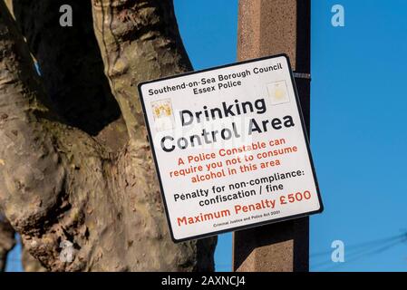 Drinking control area sign by Southend on Sea Borough Council Essex Police. A police constable can require you not to consume alcohol in this area Stock Photo