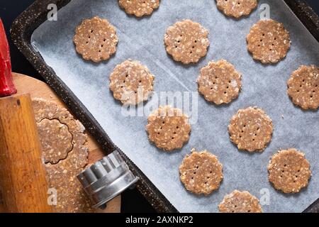 Healthy food concept raw dough of Homemade organic digestive Oat and wheat Bran Cookies with copy space Stock Photo