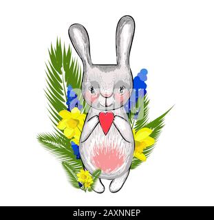 Easter bunny with spring flowers. Element for the design of spring banners and posters. Isolated on a white background. Stock Photo