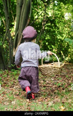 Child, infant, basket, wood Stock Photo
