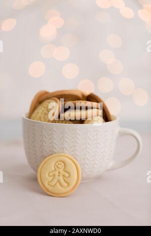Bowl, Christmas biscuits, table, Bokeh Stock Photo