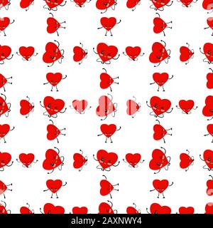 Valentine's day pattern. Red hearts on a white background illustration. Heart cute character. Cartoon style. Love and friendship. Textile and wrapping Stock Photo