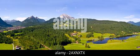 View to Wetterstein Range and Schmalensee in the Kranzberg, near Mittenwald, Upper Bavaria, Bavarians, Germany Stock Photo