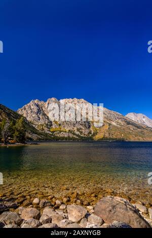 The USA, Wyoming, Grand Teton Nationwide park, mosses, Jenny Lake in front of Rockchuck Peak Stock Photo