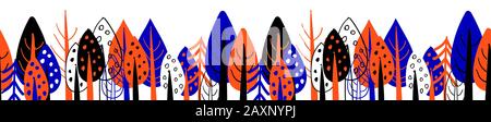 Seamless border with trees. Picture tree. Design of packing tape or print on fabric. Bright Scandinavian style. Blue and orange tseta on a white backg Stock Photo