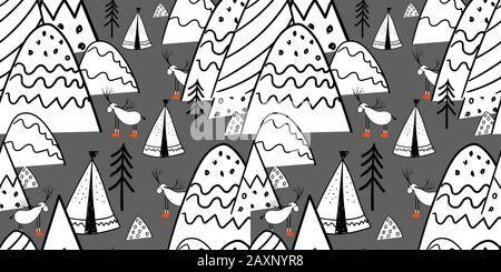 Northern forest. Illustration in folk style. Stylized mountains. Scandinavian print. Line drawing. Seamless pattern for kids. Stock Photo