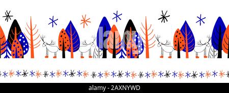 Seamless border, repeating ribbon. Blue and orange colors. Cute cartoon trees on a white background. Stock Photo