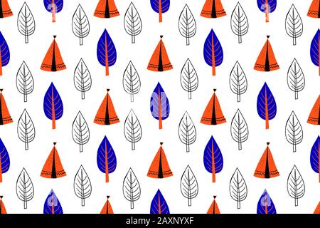 Seamless pattern in scandinavian style for children .. Cute cartoon trees on a white background. Stock Photo