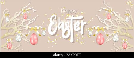 Easter and spring background. Easter lush tree. Abstract silver, pink and blue eggs. Eggs are hanging on a ribbon. Bright spring holiday composition. Stock Photo