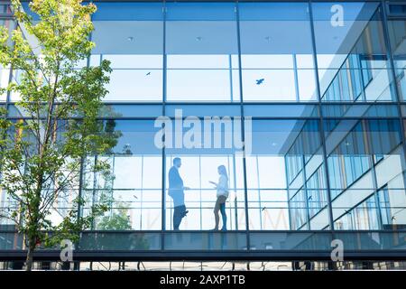 Young businessman and young businesswoman in modern office building Stock Photo