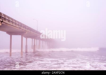 The Ocean Beach Pier on a foggy morning. San Diego, California, USA. Stock Photo