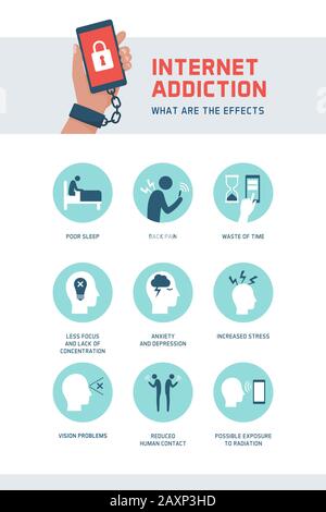 Internet addiction and digital detox infographic: symptoms and effects of excessive smart phone use Stock Vector