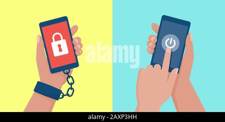 Internet addiction, nomophobia and digital detox: user hand chained to a smartphone and user turning off the phone Stock Vector