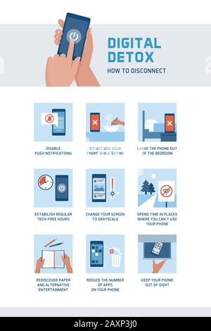 Internet addiction and digital detox infographic: how to disconnect reducing the time spent on the smartphone and on digital devices Stock Vector