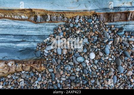 Pebbles and rock structure to Costa Verde, Spain, Playa del Silencio, Asturias, North Spain, Stock Photo