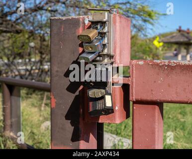 Overkill with six different padlock locks securing a metal gate from being opened Stock Photo