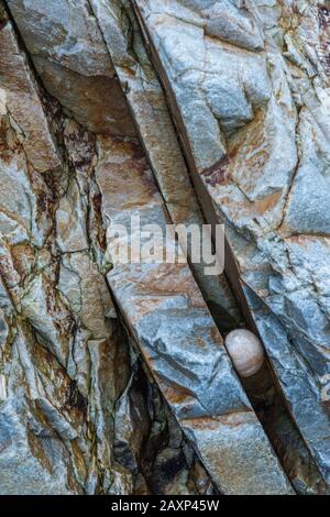 Pebbles and rock structure to Costa Verde, Spain, Playa del Silencio, Asturias, North Spain, Stock Photo