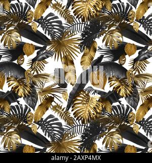 Seamless pattern with tropical leaves in gold color and black, can be used as background wallpaper Stock Photo