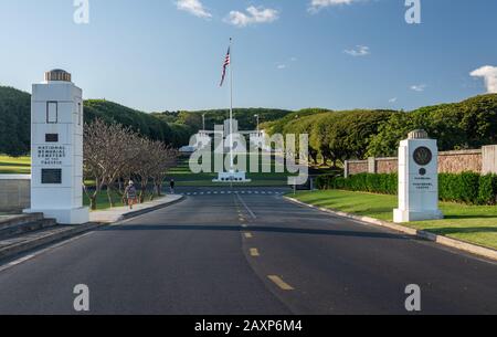 Entrance to the National Memorial Cemetery of the Pacific in punchbowl crater on Oahu, Hawaii Stock Photo