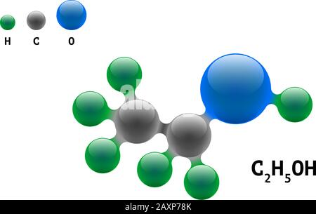 Chemistry model molecule ethanol C2H5OH scientific element formula. Integrated particles natural inorganic 3d alcohol molecular structure compound. Carbon oxygen and hydrogen atom vector eps spheres Stock Vector