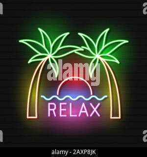 Summer Beach Neon Sign. Neon Sign, Bright Signboard Stock Vector