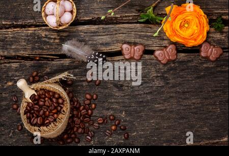 Easter decoration with coffee beans and chocolate Stock Photo