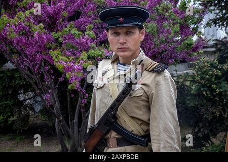 Crimea. Sevastopol,9th of May, 2019 A man in uniform of naval soldier of the black sea fleet (times of the Great Patriotic War) during the victory day celebration in the city of Sevastopol, Crimea Republic Stock Photo